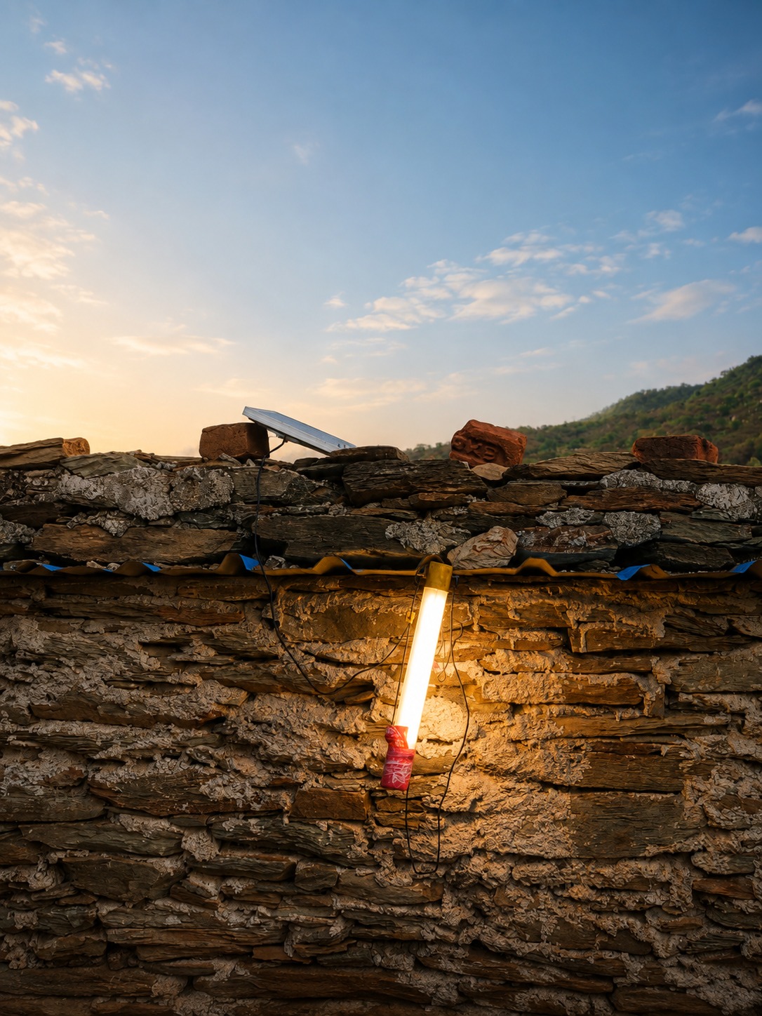 Rooftop solar panel capturing warm golden sunlight at sunset